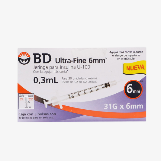 BD Ultra-Fine 326785 jeringa para insulina 0.3 ml 31G x 6 mm caja 30 piezas