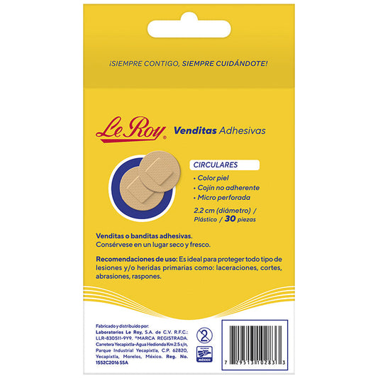 Reverso de la caja Le Roy Venditas Adhesivas circulares 2.2 cm, 30 piezas, barcode 729513102833