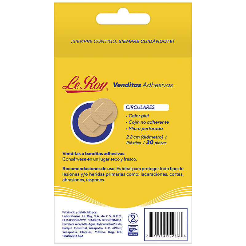 Reverso de la caja Le Roy Venditas Adhesivas circulares 2.2 cm, 30 piezas, barcode 729513102833