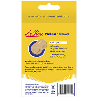 Reverso de la caja Le Roy Venditas Adhesivas circulares 2.2 cm, 30 piezas, barcode 729513102833