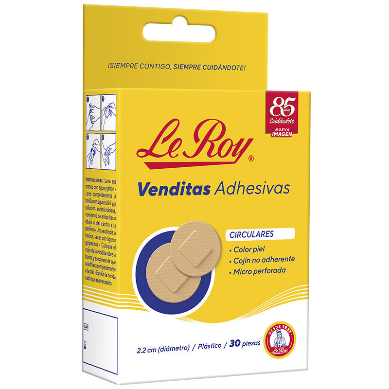 Caja Le Roy Venditas Adhesivas circulares 2.2 cm, 30 piezas, vista 3/4 con instrucciones laterales
