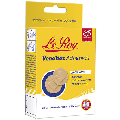 Caja Le Roy Venditas Adhesivas circulares 2.2 cm, 30 piezas, vista 3/4 con instrucciones laterales