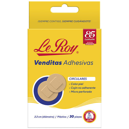Caja Le Roy Venditas Adhesivas circulares 2.2 cm de diámetro, plástico color piel, 30 piezas