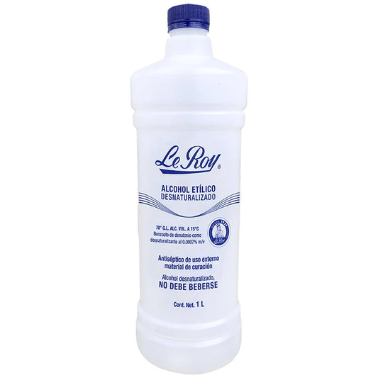 Alcohol etílico desnaturalizado Le Roy al 70% G.L., botella de 1 L, SKU 3501255