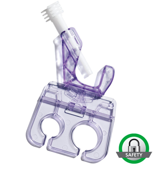 Vygon soporte nutrisafe2 REF 367.011 para jeringas de 20 y 60 ml, plástico lila con tornillo de fijación, sobre fondo blanco