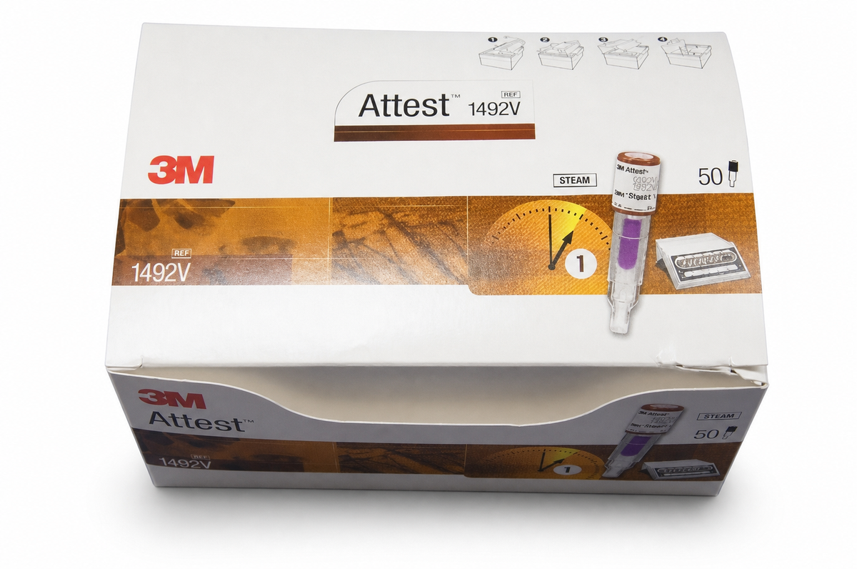 Indicador biológico 3M Attest de lectura rápida 1492V, caja con 50 piezas, sobre fondo blanco