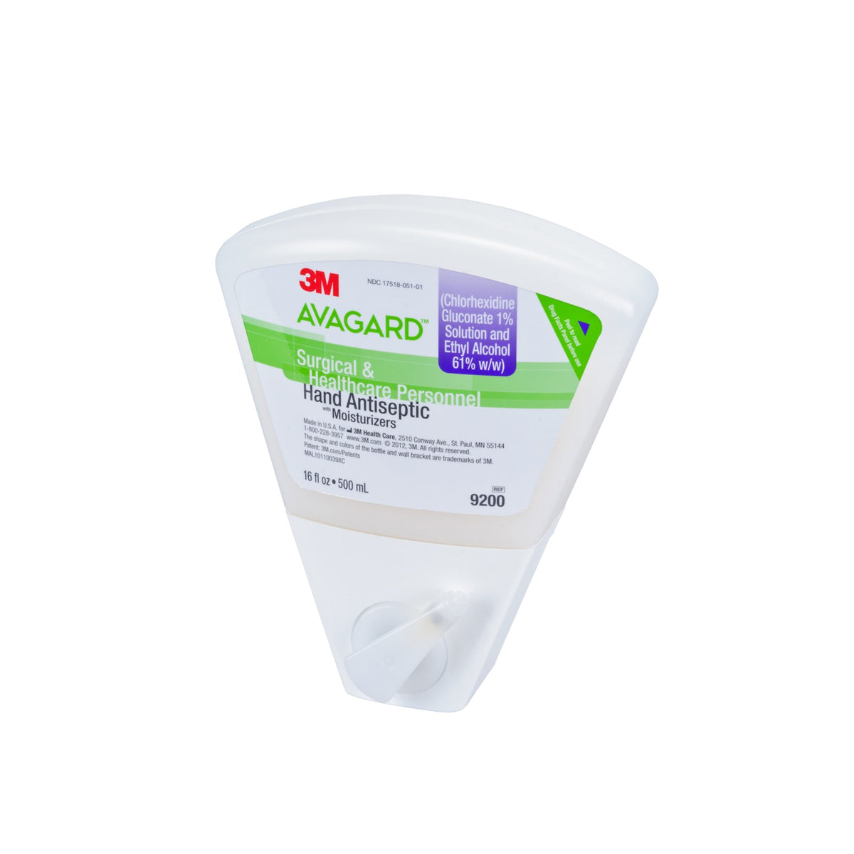 Packshot Solventum del frasco 3M Avagard CHG 9200 de 500 ml, vista en ángulo sobre blanco