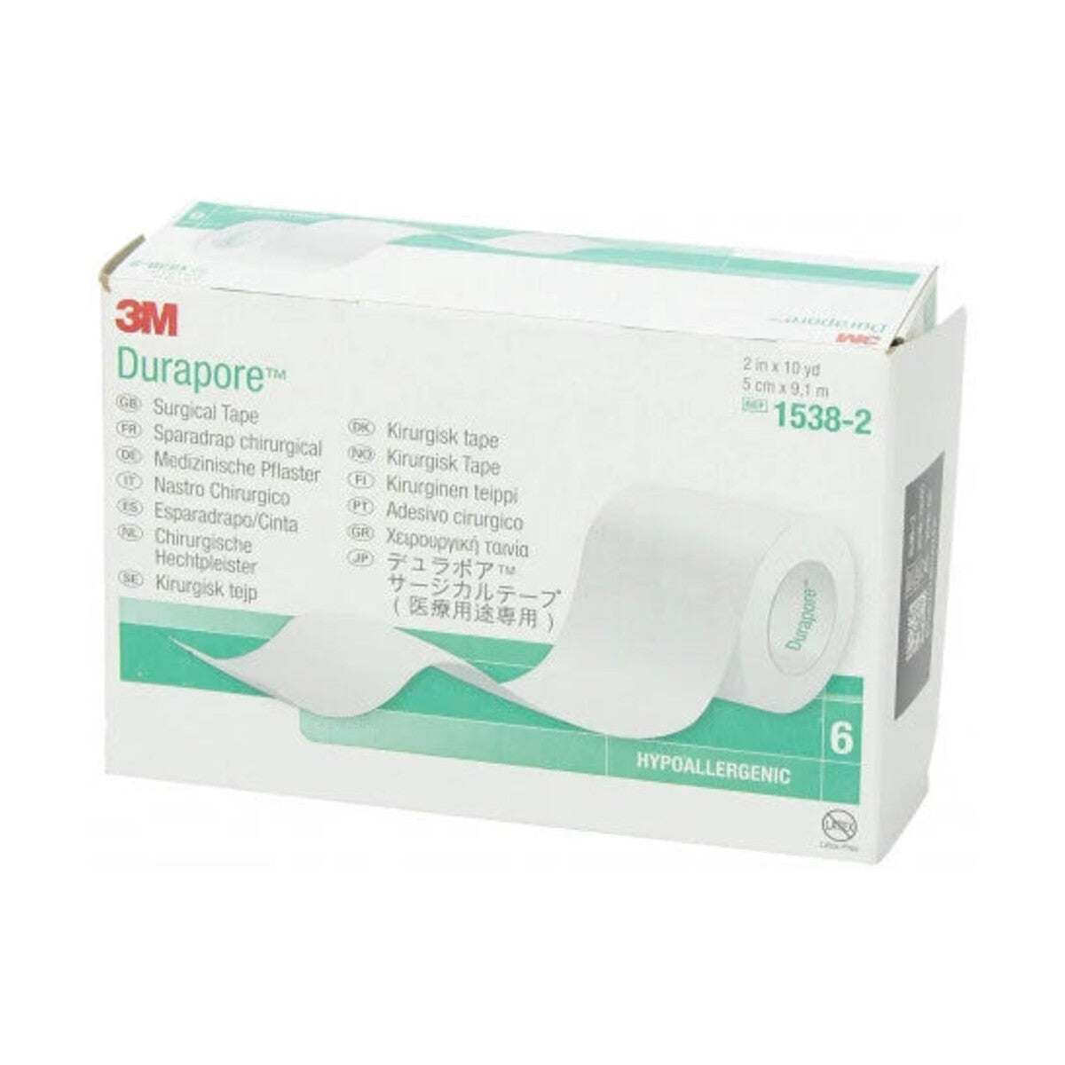 Caja de cinta quirúrgica 3M Durapore 1538-2 de 5 cm × 9.1 m sobre fondo blanco