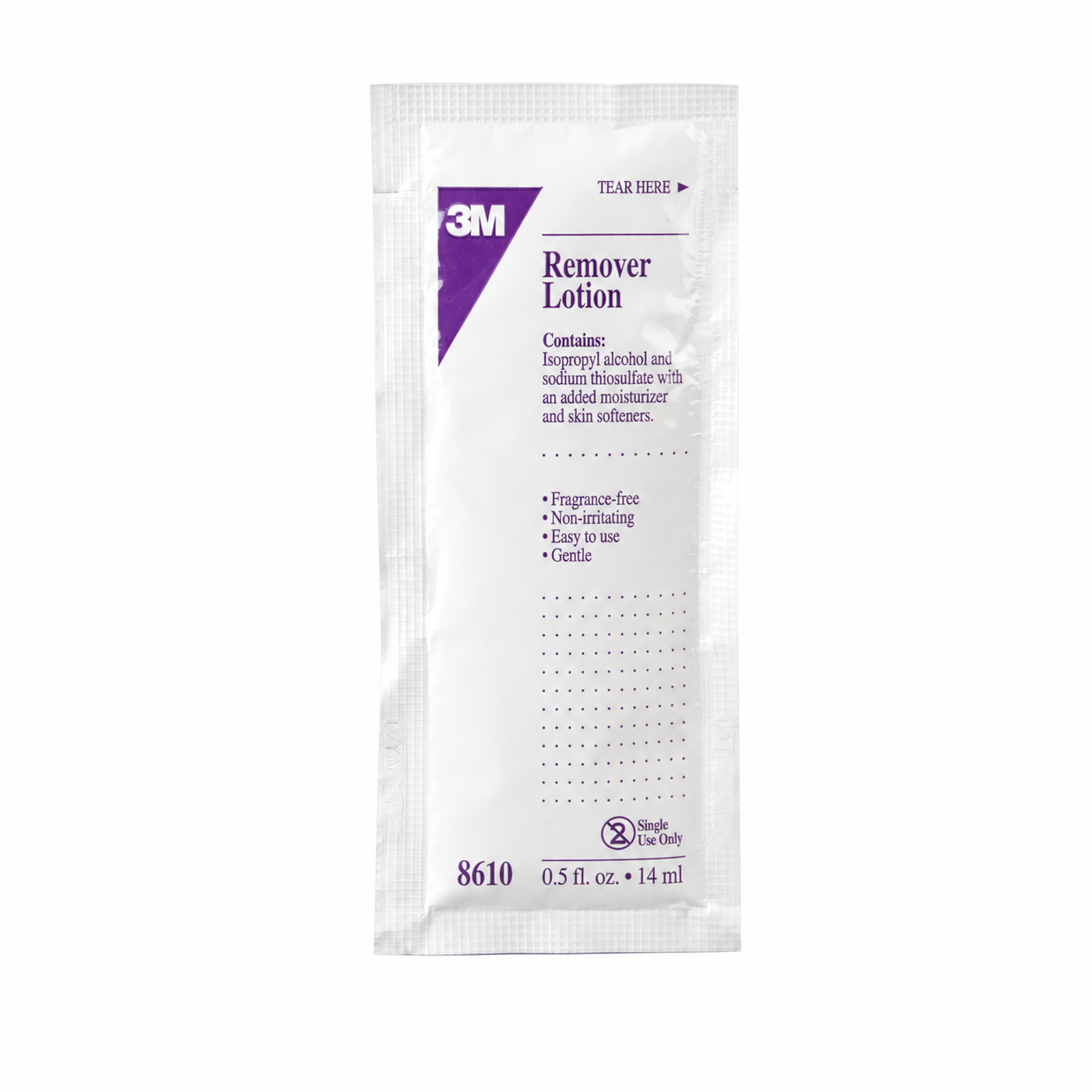 3M Remover Lotion 8610, sobre individual de 14 ml, referencia 70200789843 sobre fondo blanco