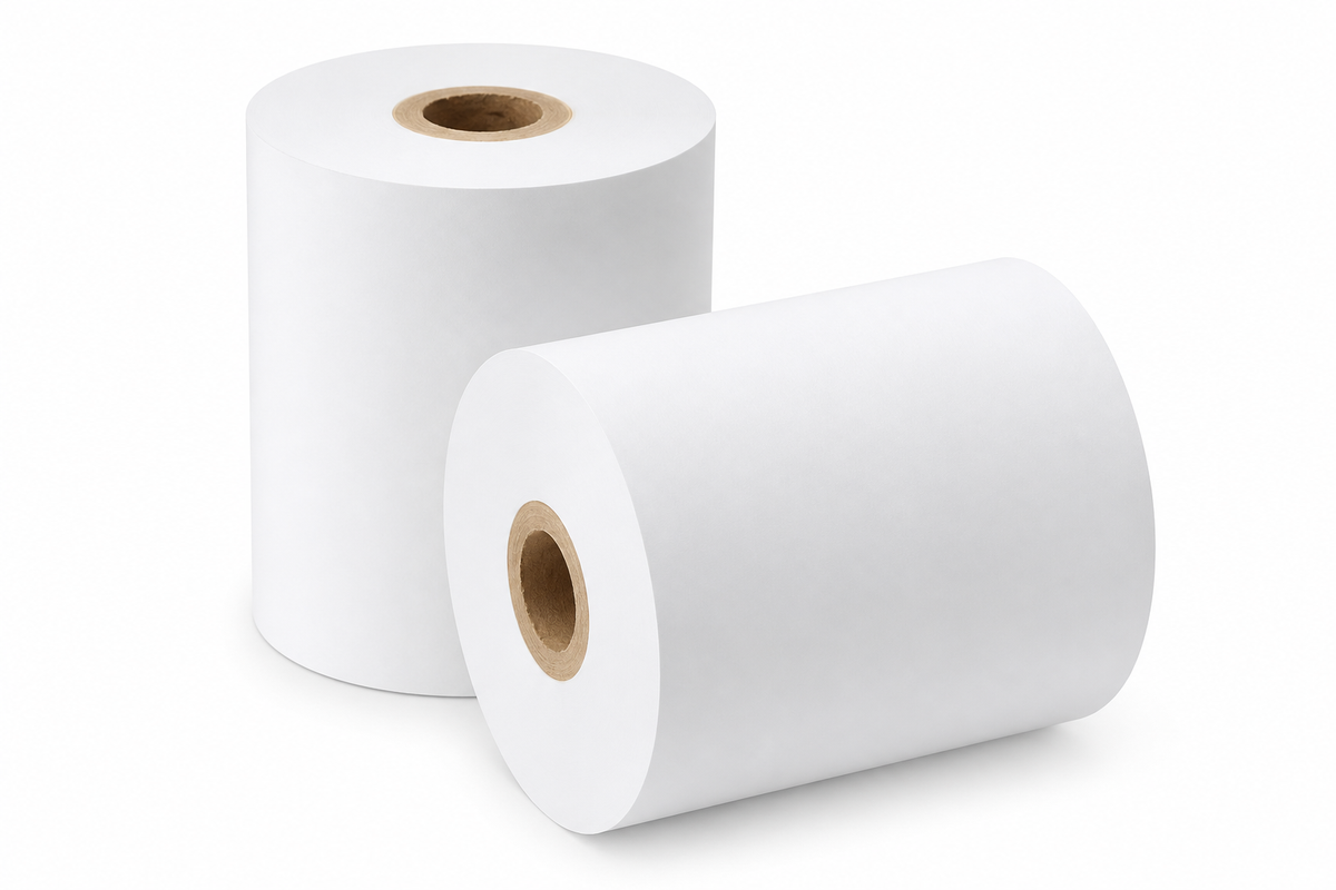 Dos rollos de papel térmico 3M Steri-Vac 1217A para impresora de 8XL y 5XLE, sobre fondo blanco