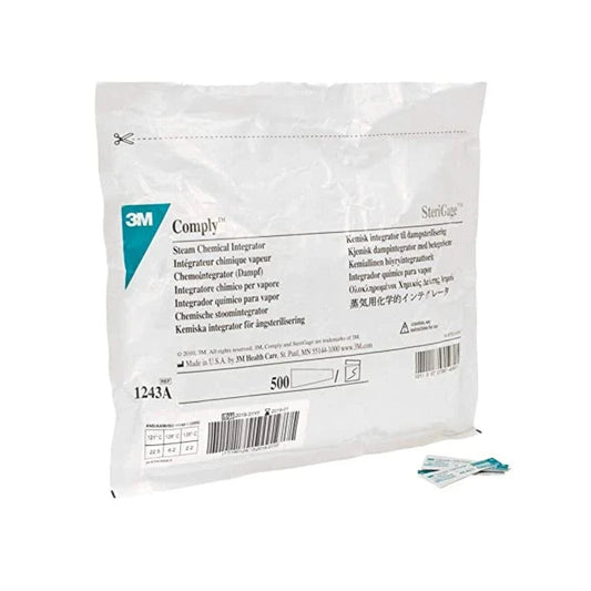 3M Comply SteriGage integrador químico para vapor 1243A sobre fondo blanco