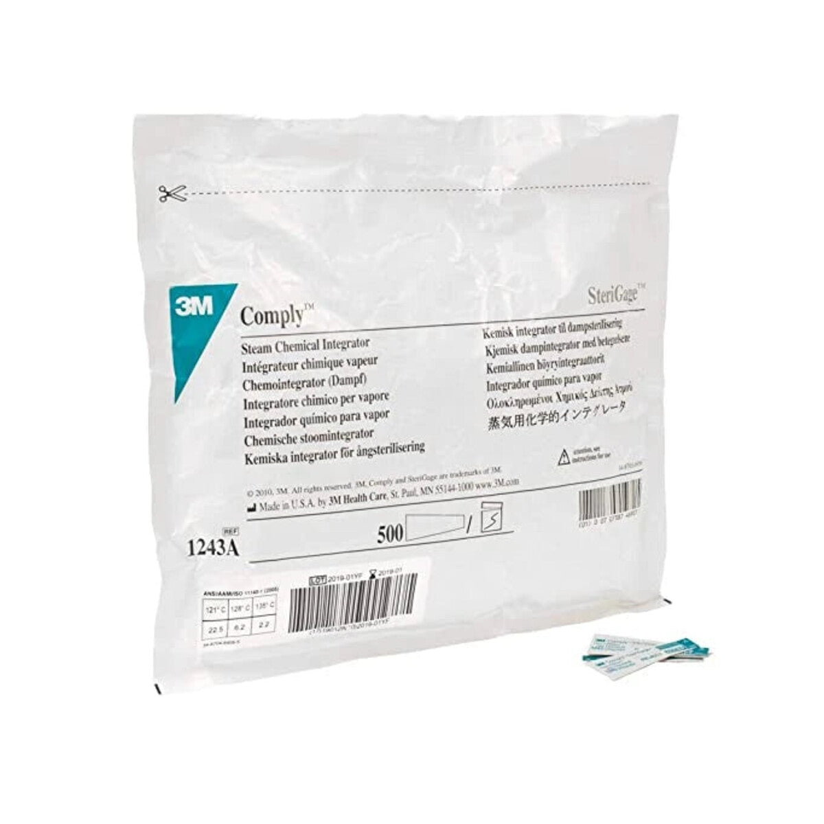 3M Comply SteriGage integrador químico para vapor 1243A sobre fondo blanco