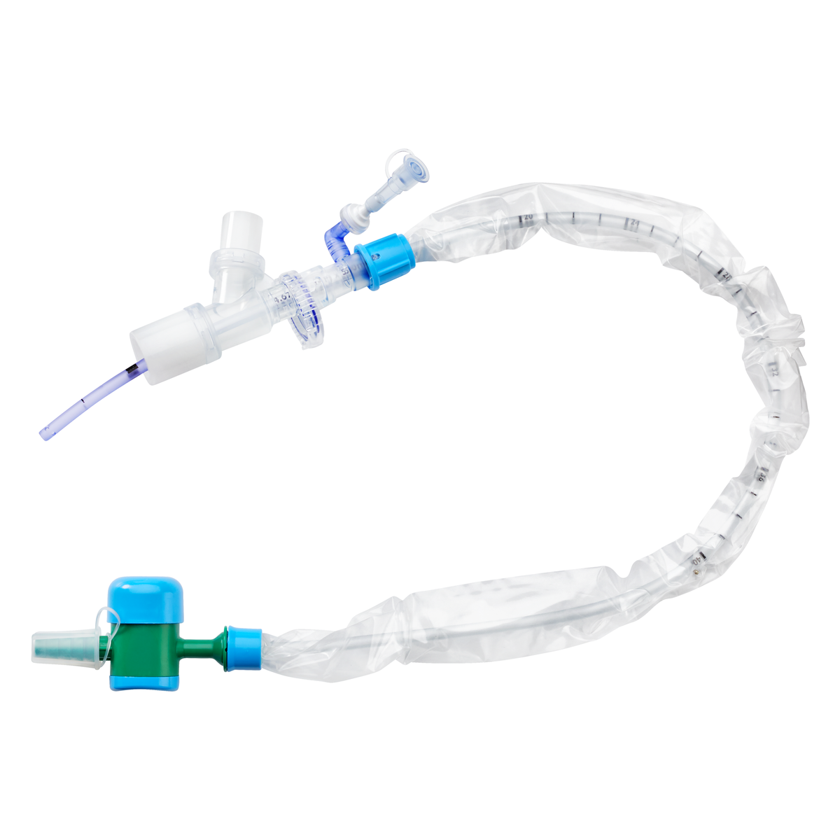 Foto oficial Medtronic del sistema de succión cerrada DAR con catéter reemplazable, control verde y conector marcado 4.67 mm (14 Fr), sobre fondo blanco