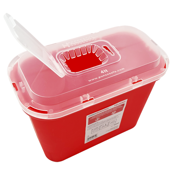 Contenedor rojo Punzo Safe de 4 litros con tapa traslúcida abierta y separador de agujas