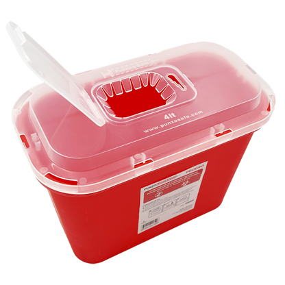 Contenedor rojo Punzo Safe de 4 litros con tapa traslúcida abierta y separador de agujas