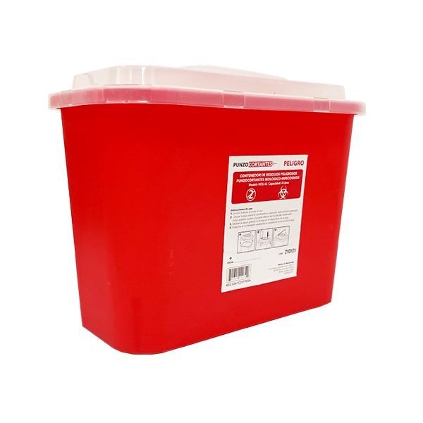Contenedor rojo Punzo Safe de 4 litros, vista lateral con etiqueta de punzocortantes