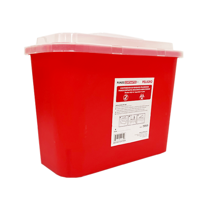 Contenedor rojo Punzo Safe de 4 litros, vista lateral con etiqueta de punzocortantes