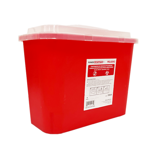 Contenedor rojo Punzo Safe de 4 litros, vista lateral con etiqueta de punzocortantes