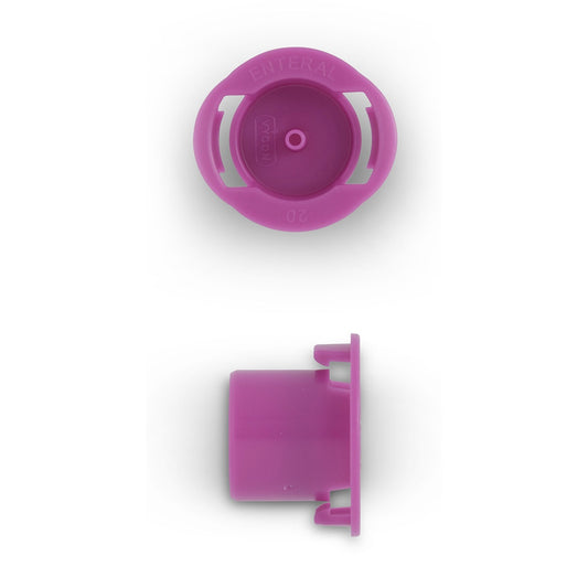 Vygon tapa ventilada nutrisafe2 REF 818.22 para jeringa de 20 ml, color lila, marcada ENTERAL y 20, sobre fondo blanco