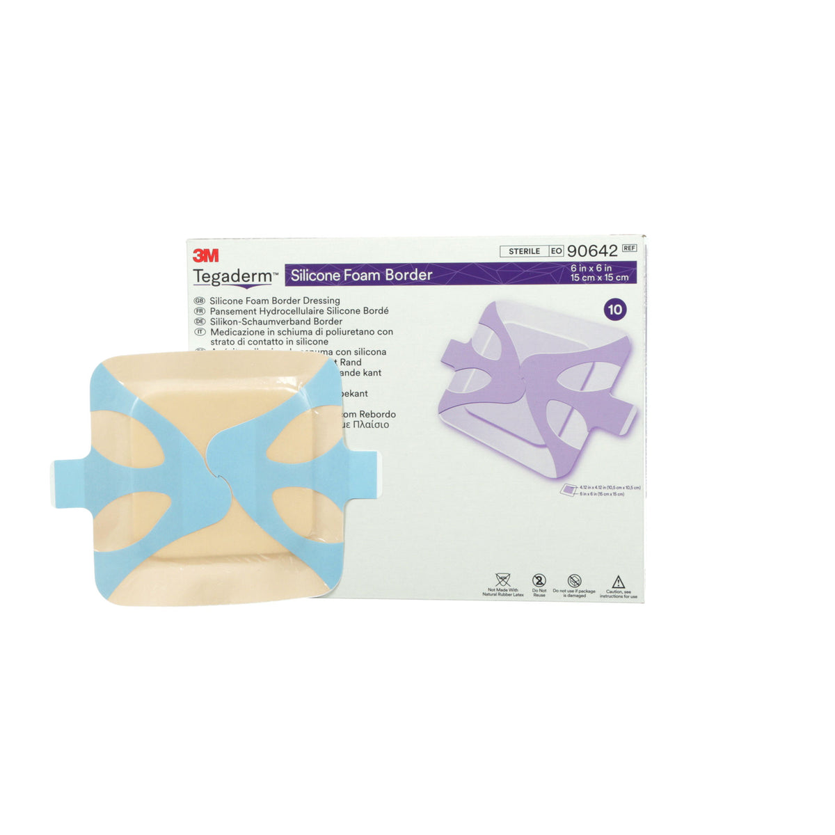 Caja 3M Tegaderm Silicone Foam Border REF 90642, apósito 15 × 15 cm con borde sobre blanco