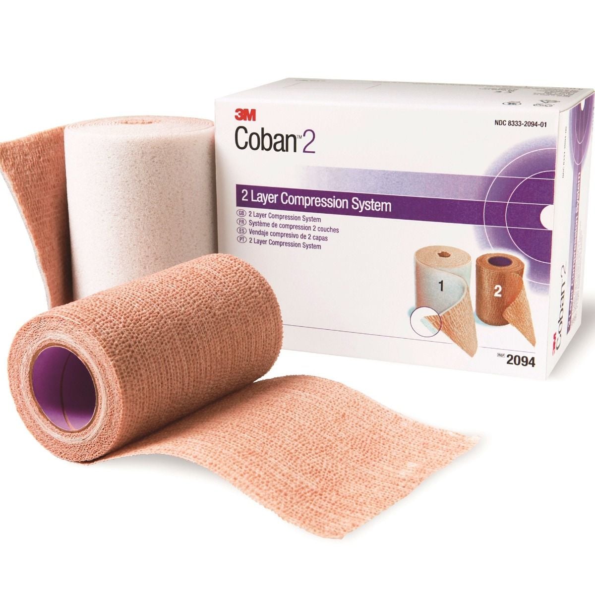 Kit 3M Coban 2 REF 2094: caja y rollos de confort y de compresión sobre fondo blanco