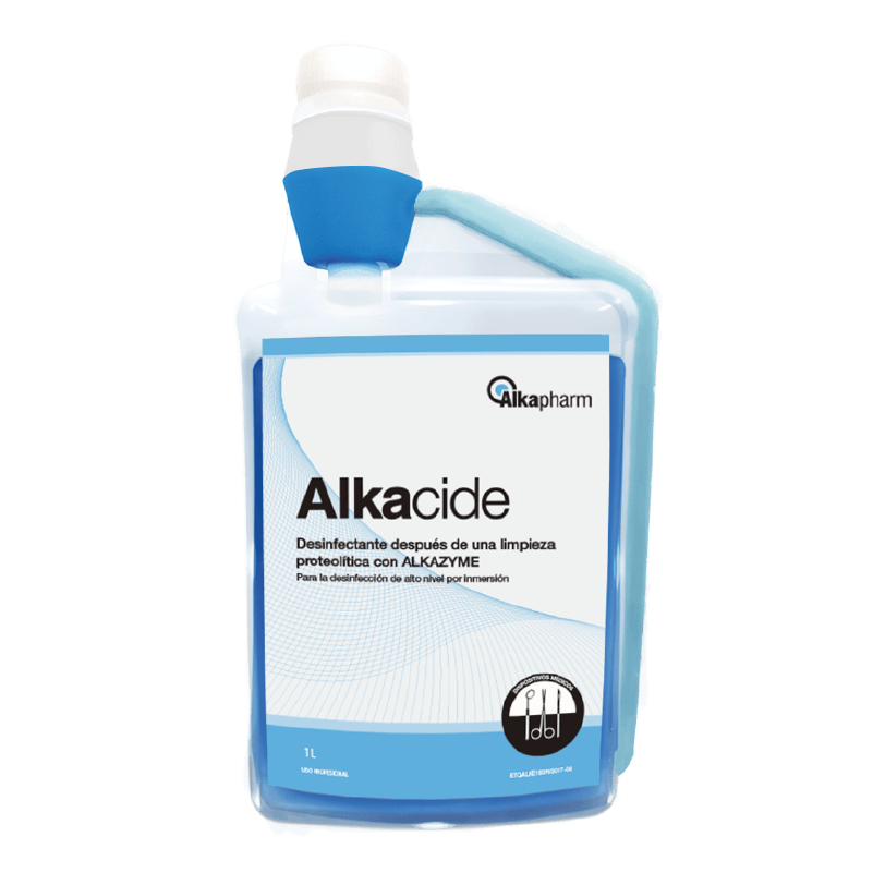 Alkapharm Alkacide, desinfectante de alto nivel en botella dosificadora de 1 L