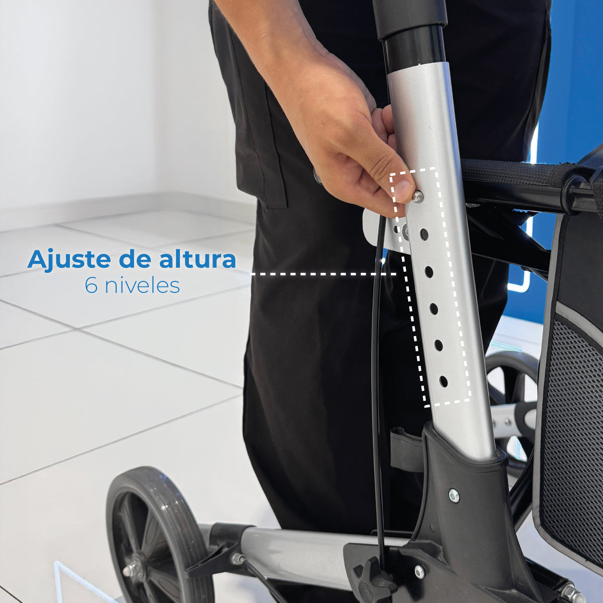 Pasador de altura de la andadera Handy AN01A, con leyenda de 6 niveles