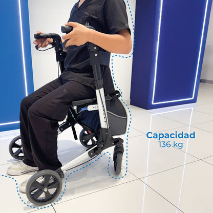 Asiento de la andadera de la galería AN01A, con leyenda de capacidad 136 kg