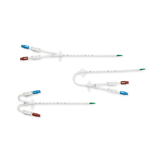 Catéter Mahurkar Elite 12 Fr de doble lumen: extensiones rectas, curvas y eje precurvado sobre blanco