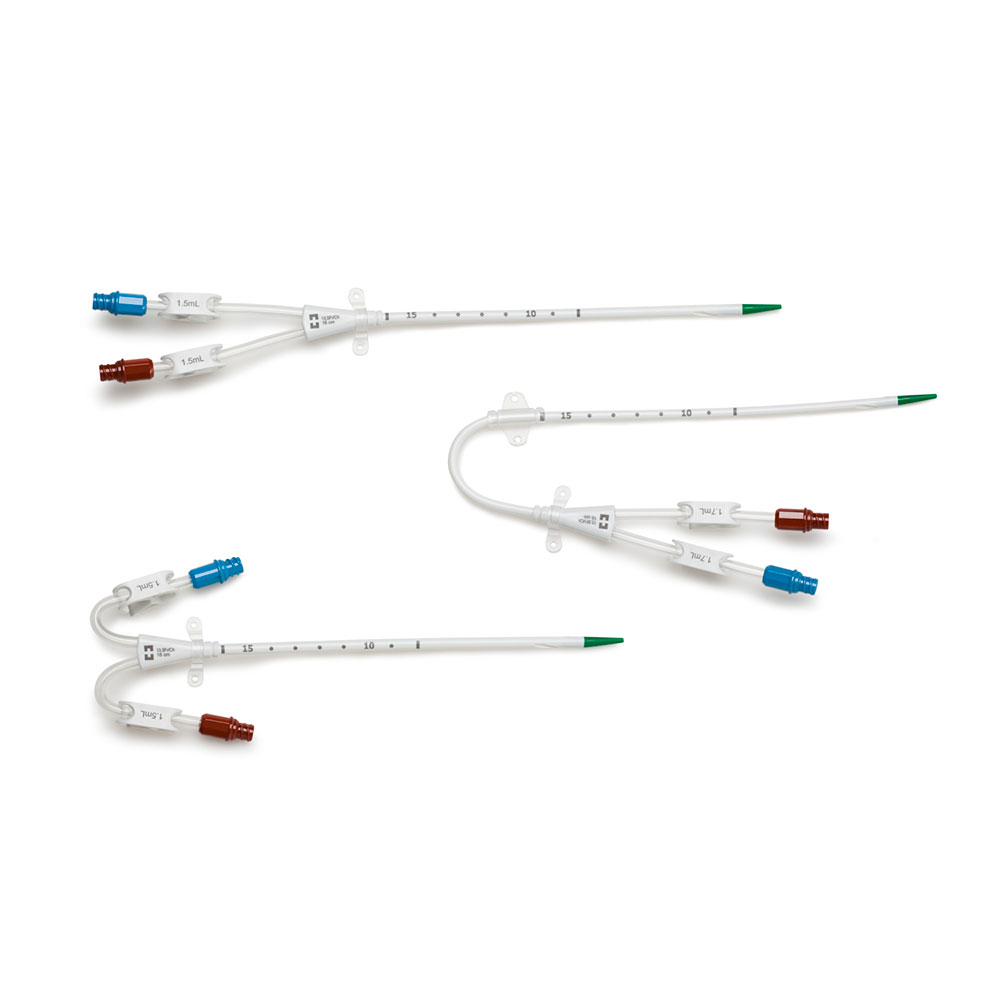 Catéter Mahurkar Elite 13.5 Fr de doble lumen: extensiones rectas, curvas y eje precurvado sobre blanco
