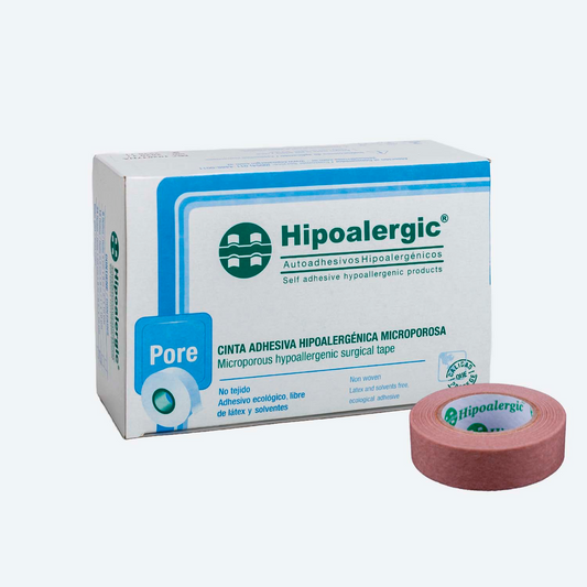 Hipoalergic Pore 1.25 cm por 9 m, caja de 24 rollos, color beige. Fotografía completa del fabricante con caja y rollo; color de suministro por confirmar.