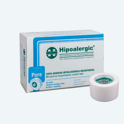 Pore hospitalaria Hipoalergic, caja y rollo blanco de 2.5 cm × 9 m. Foto del fabricante; no confirma el color ni el racionador de E010000002.