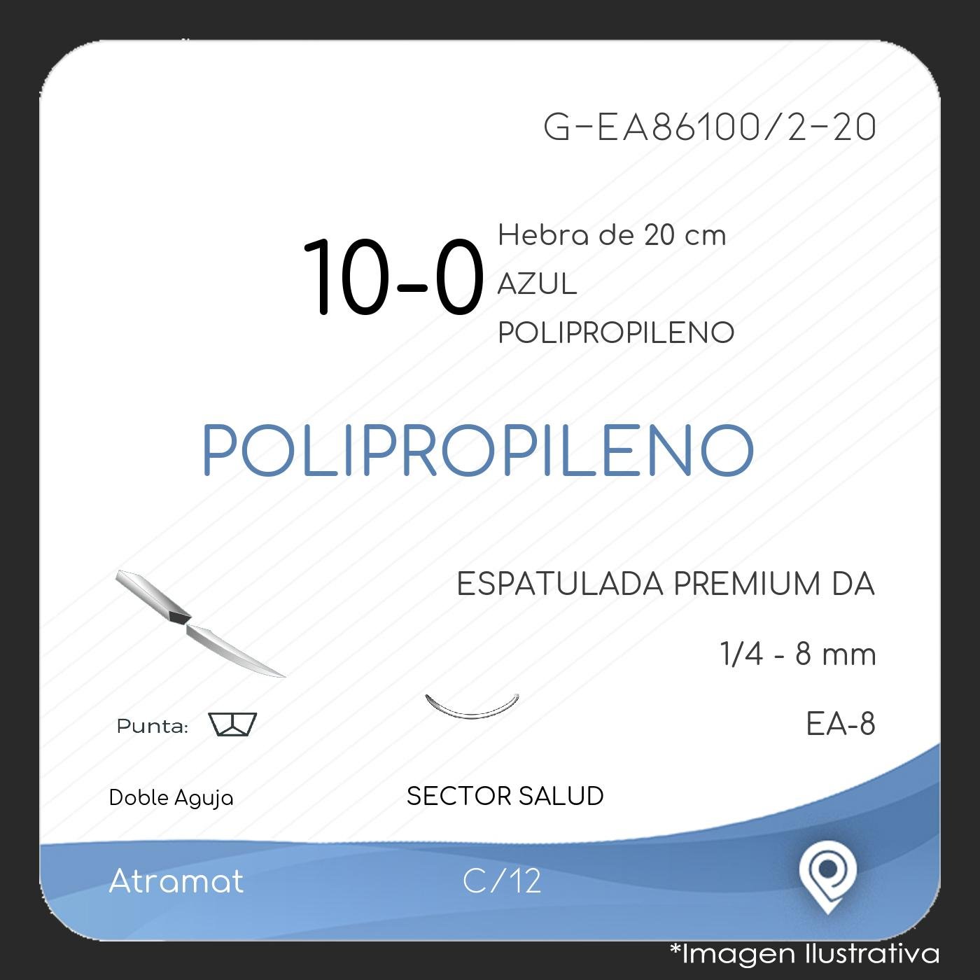Atramat polipropileno USP 10-0 azul, doble aguja EA-8 de 8 mm, 20 cm