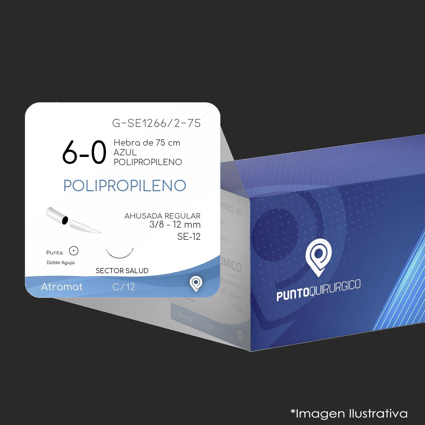 Atramat polipropileno USP 6-0 azul, doble aguja SE-12 de 12 mm, 75 cm