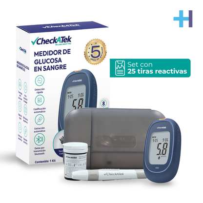 Kit glucómetro Checkatek GL582A azul con voz, con caja, medidor, estuche, pluma y tiras