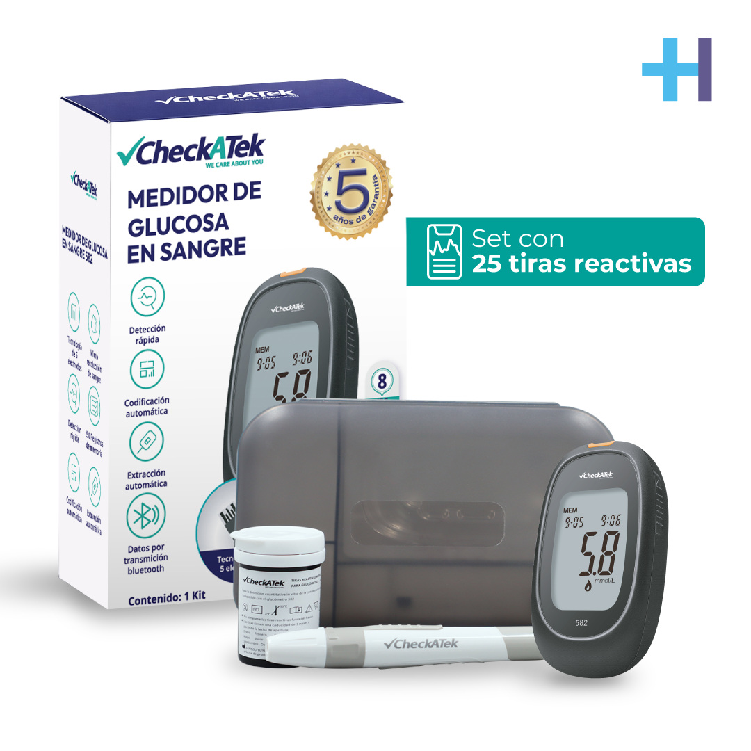Kit glucómetro Checkatek GL582N negro con voz, con caja, medidor, estuche, pluma y tiras