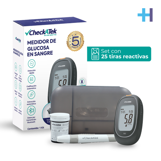 Kit glucómetro Checkatek GL582N negro con voz, con caja, medidor, estuche, pluma y tiras