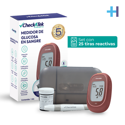 Kit glucómetro Checkatek GL582R rojo con voz, con caja, medidor, estuche, pluma y tiras