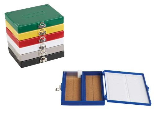 Cajas Heathrow Scientific de 100 espacios con interior de corcho, mostradas en varios colores; venta por una caja vacía