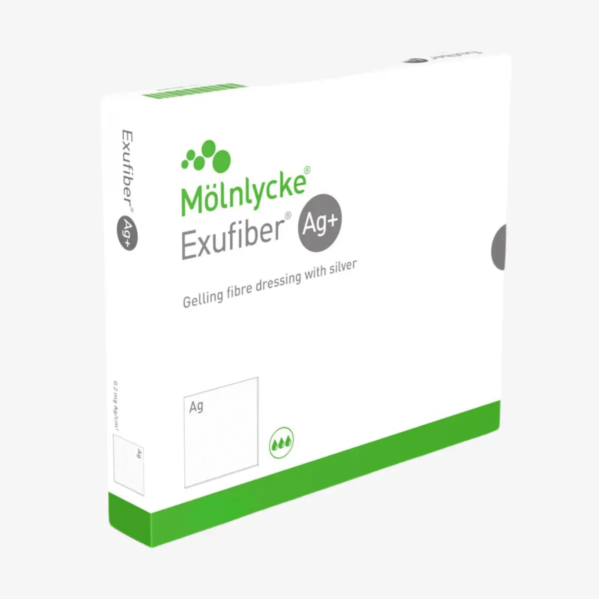 Caja Mölnlycke Exufiber Ag+, apósito de fibra gelificante con plata, sobre fondo blanco