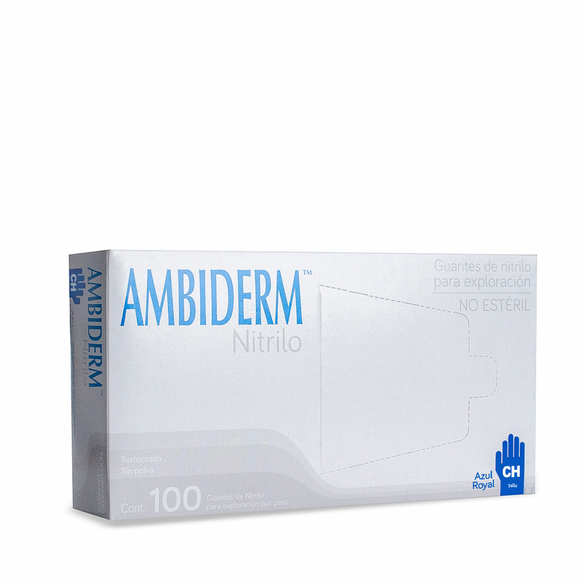 Caja con 100 guantes de nitrilo Ambiderm azul royal talla chica, para exploración
