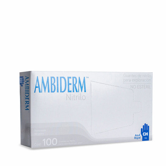 Caja con 100 guantes de nitrilo Ambiderm azul royal talla chica, para exploración