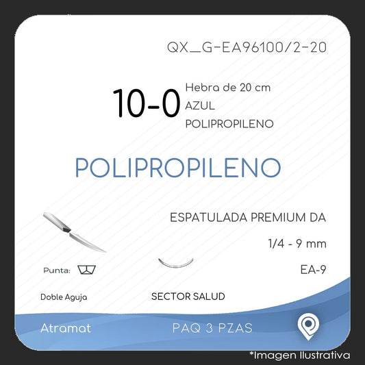 Atramat polipropileno USP 10-0 azul, doble aguja EA-9 de 9 mm, 20 cm