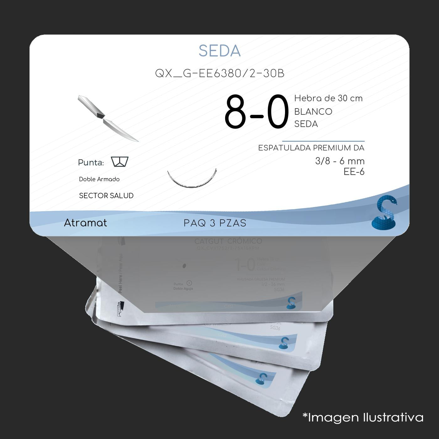 Atramat seda blanca USP 8-0, 30 cm, doble aguja EE-6 espatulada premium de 6 mm