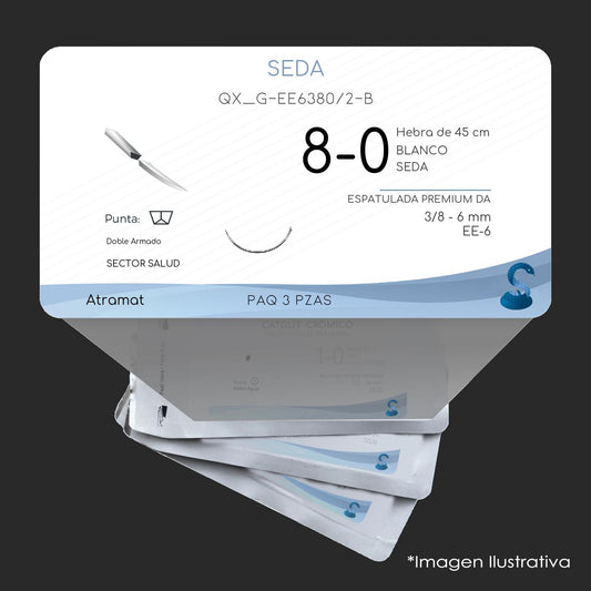 Atramat seda blanca USP 8-0, 45 cm, doble aguja EE-6 espatulada premium de 6 mm