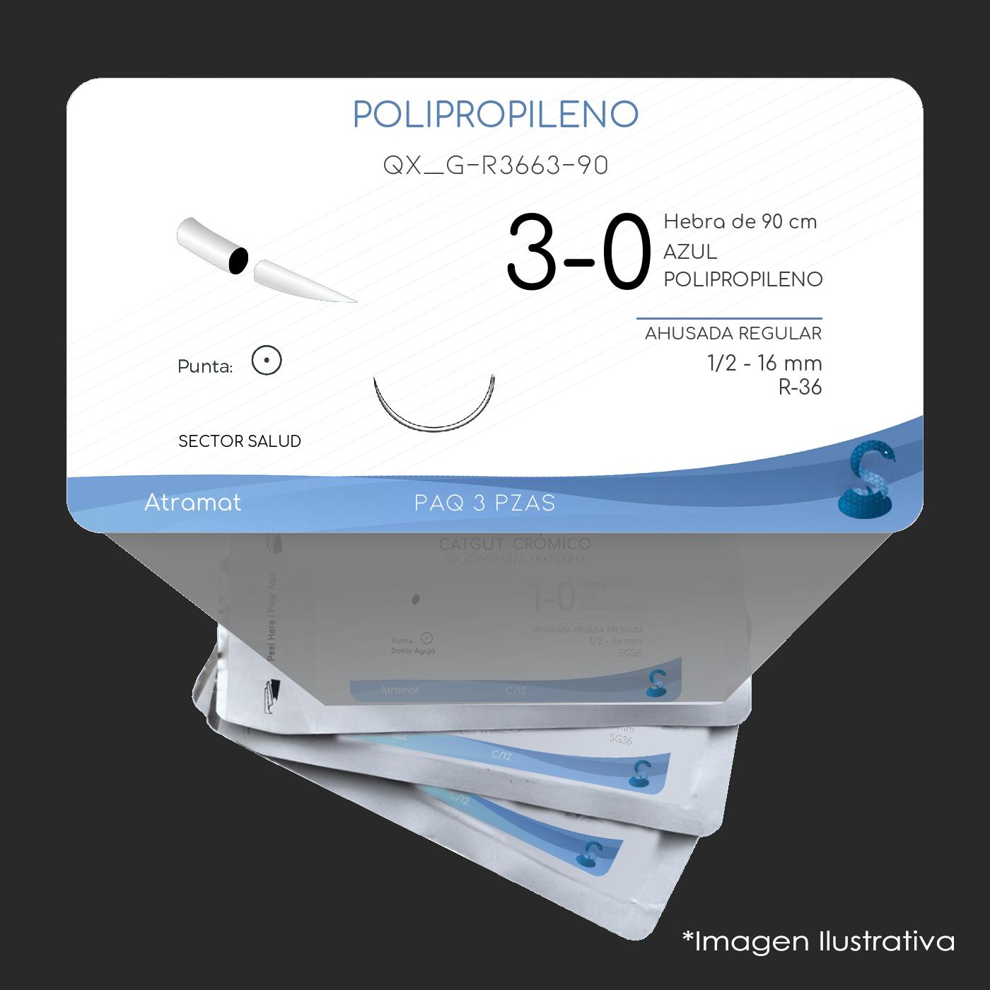 Atramat polipropileno azul USP 3-0, 90 cm, aguja R-36 de 16 mm
