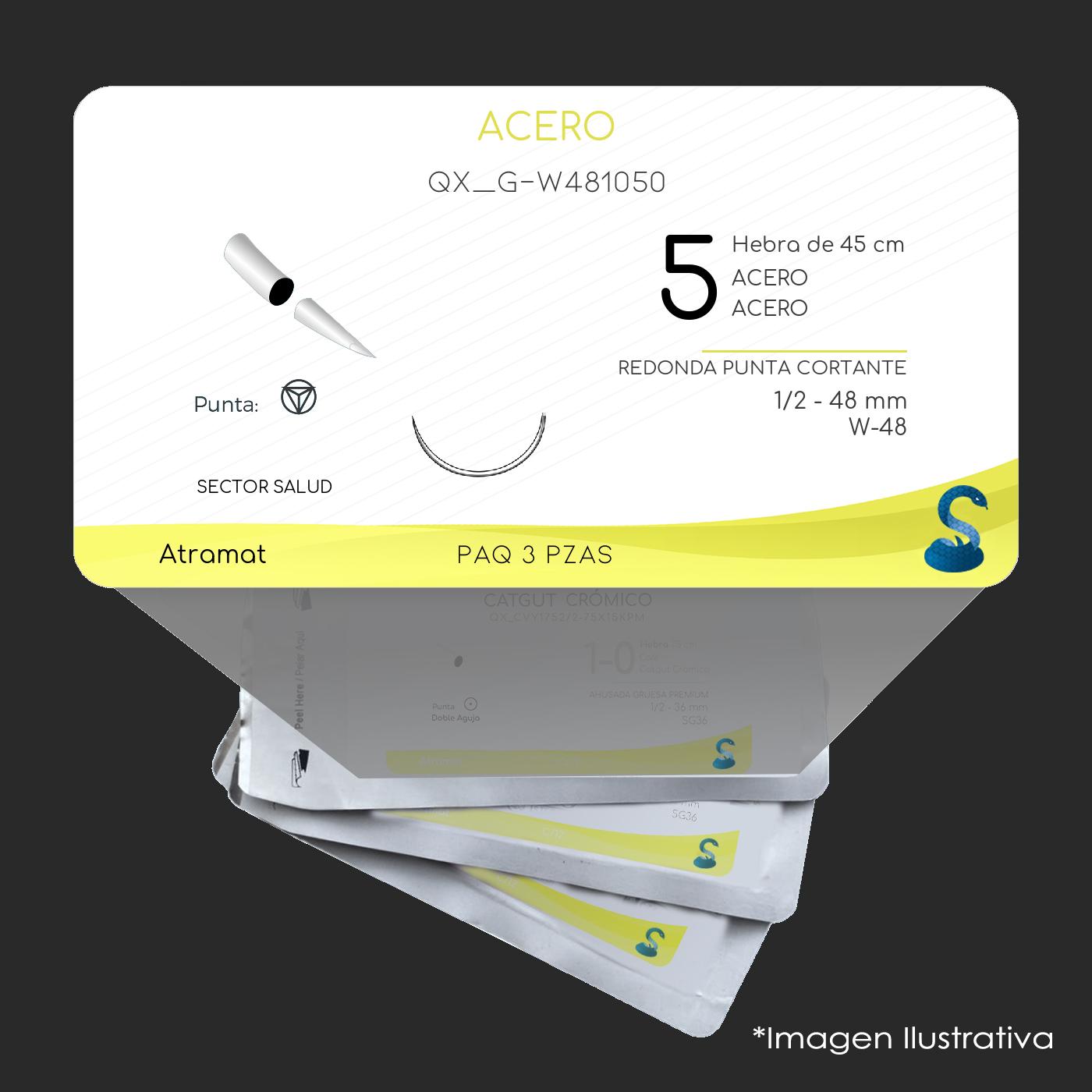 Atramat sutura de acero inoxidable G-W481050, USP 5, 45 cm, aguja W-48 de 48 mm