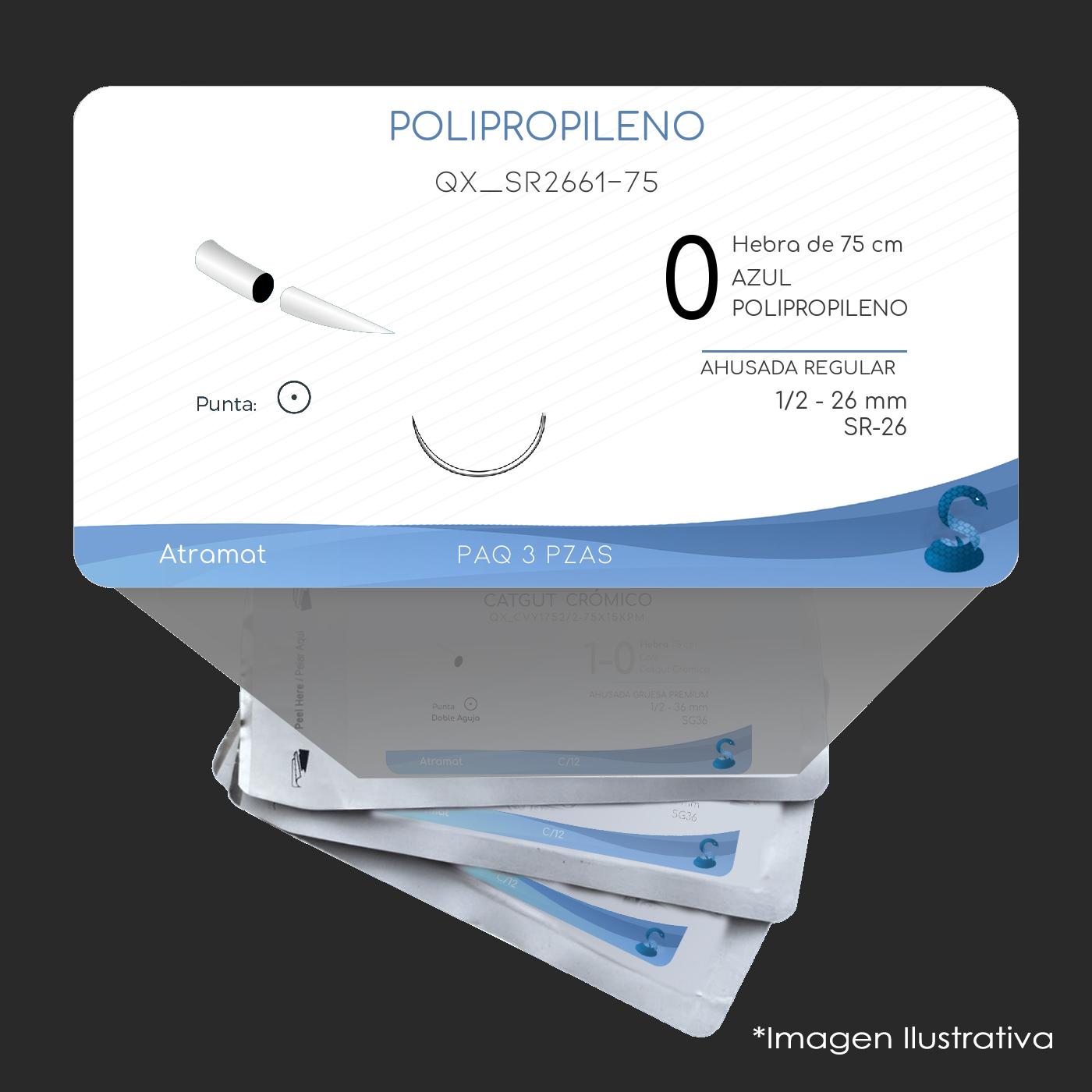 Atramat polipropileno azul USP 0, 75 cm, aguja SR-26 de 26 mm