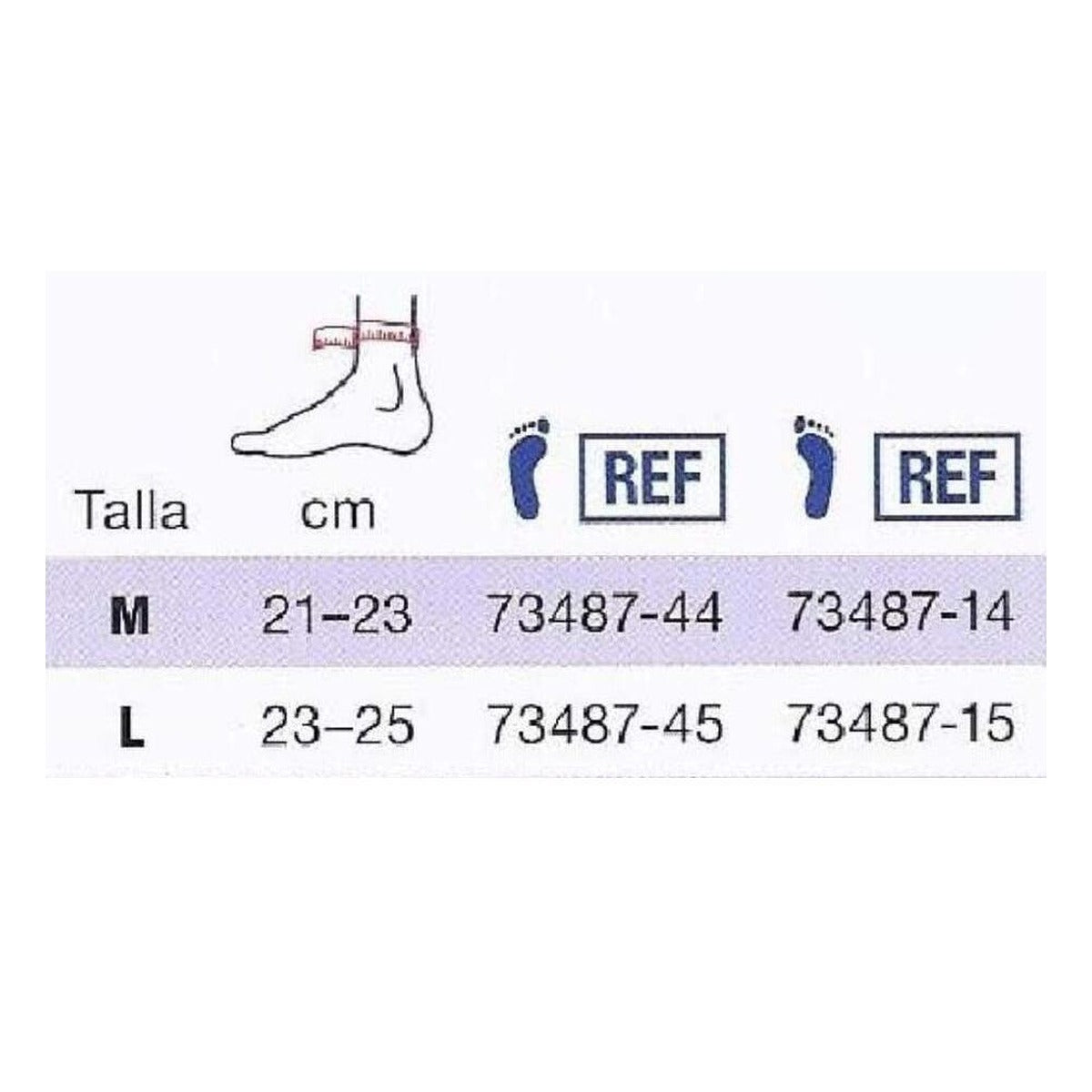 Tabla de tallas Actimove TaloMotion: contorno de tobillo M 21–23 cm y L 23–25 cm, REF por pie