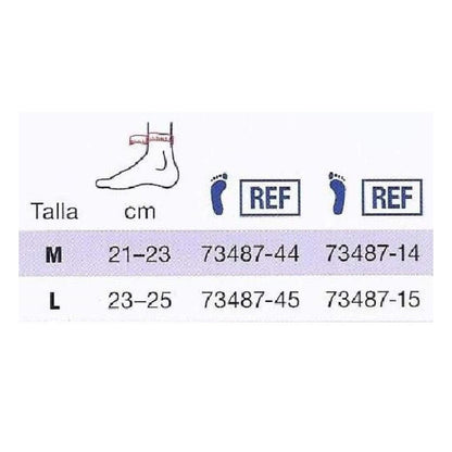 Tabla de tallas Actimove TaloMotion: contorno de tobillo M 21–23 cm y L 23–25 cm, REF por pie